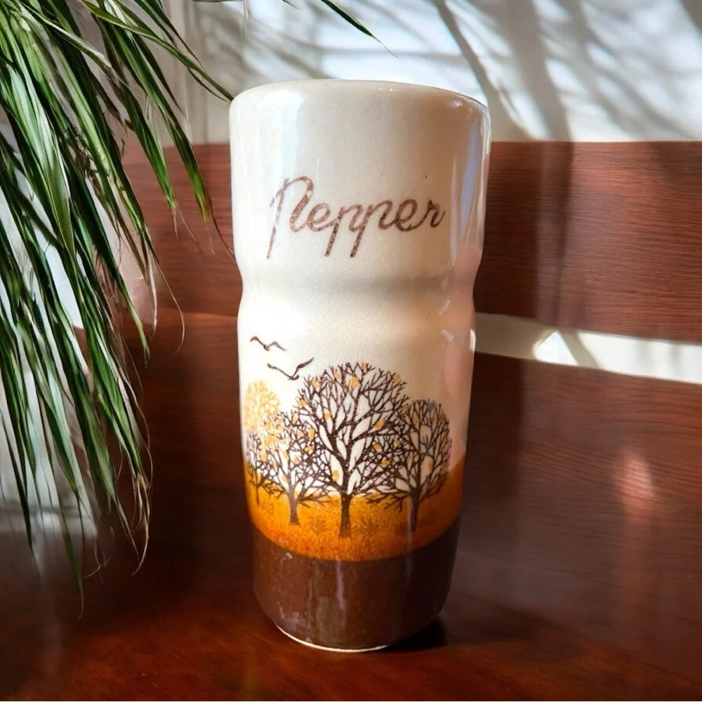 VINTAGE Brown Ceramic Salt, Pepper, Sugar, and Creamer Set with Tree Design - Picture 3 of 7